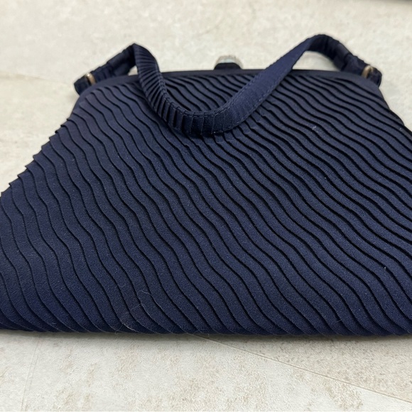 Vintage dark, navy blue frame handbag purse, rhinestone clasp - Picture 6 of 9